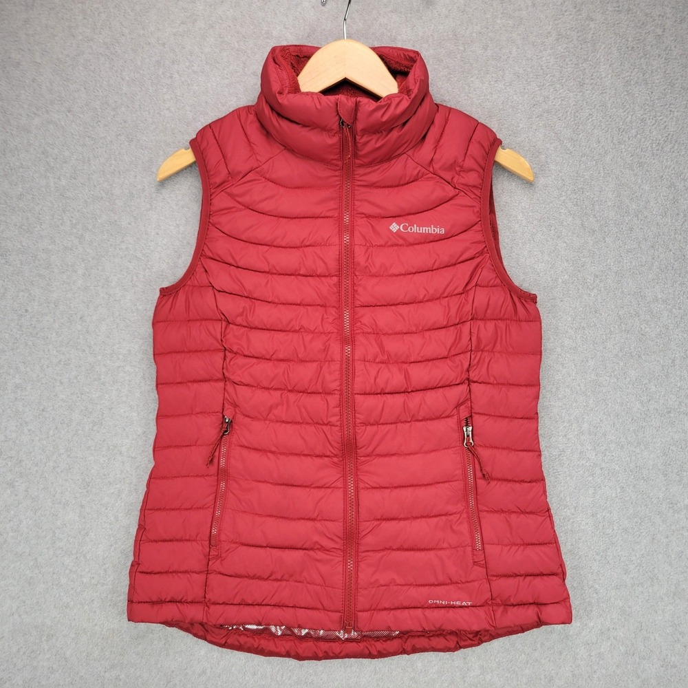 Columbia Omni-Heat Puffer Vest Women Medium Red Quilted Full Zip Fleece Neck